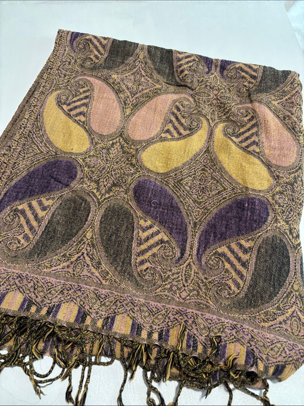 Paisley Pattern Tassel Scarf in Purple, Gold, Brown